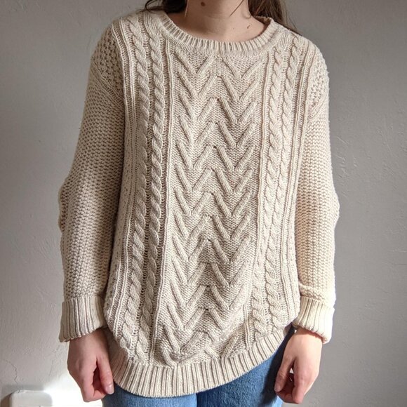 BDG Urban Outfitters Women Cable Knit Sweater XSmall Cream Fisherman Elbow Patch - Picture 1 of 14
